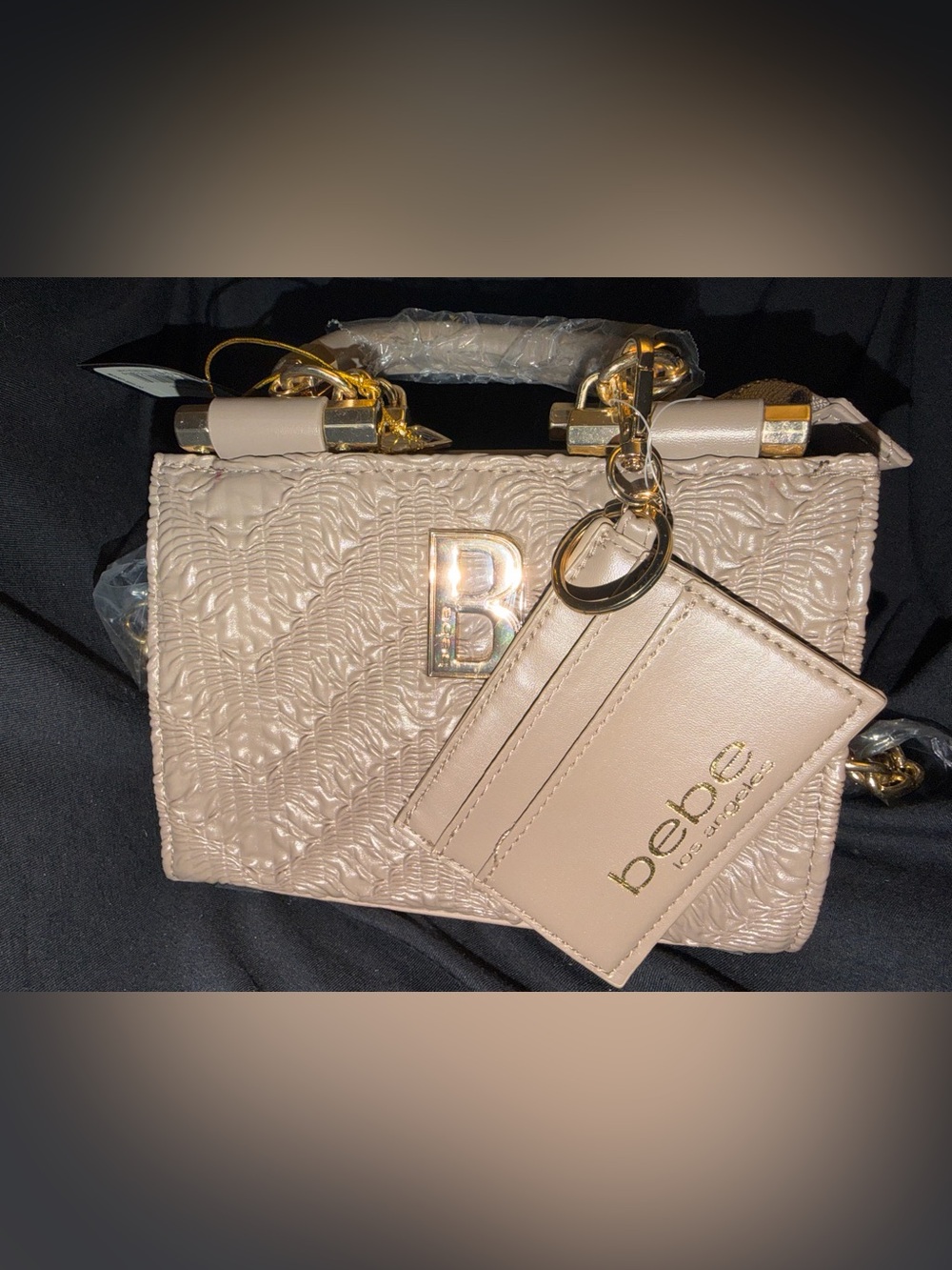 bebe Blush Textured Top-Handle Satchel with Card Holder LT Taupe